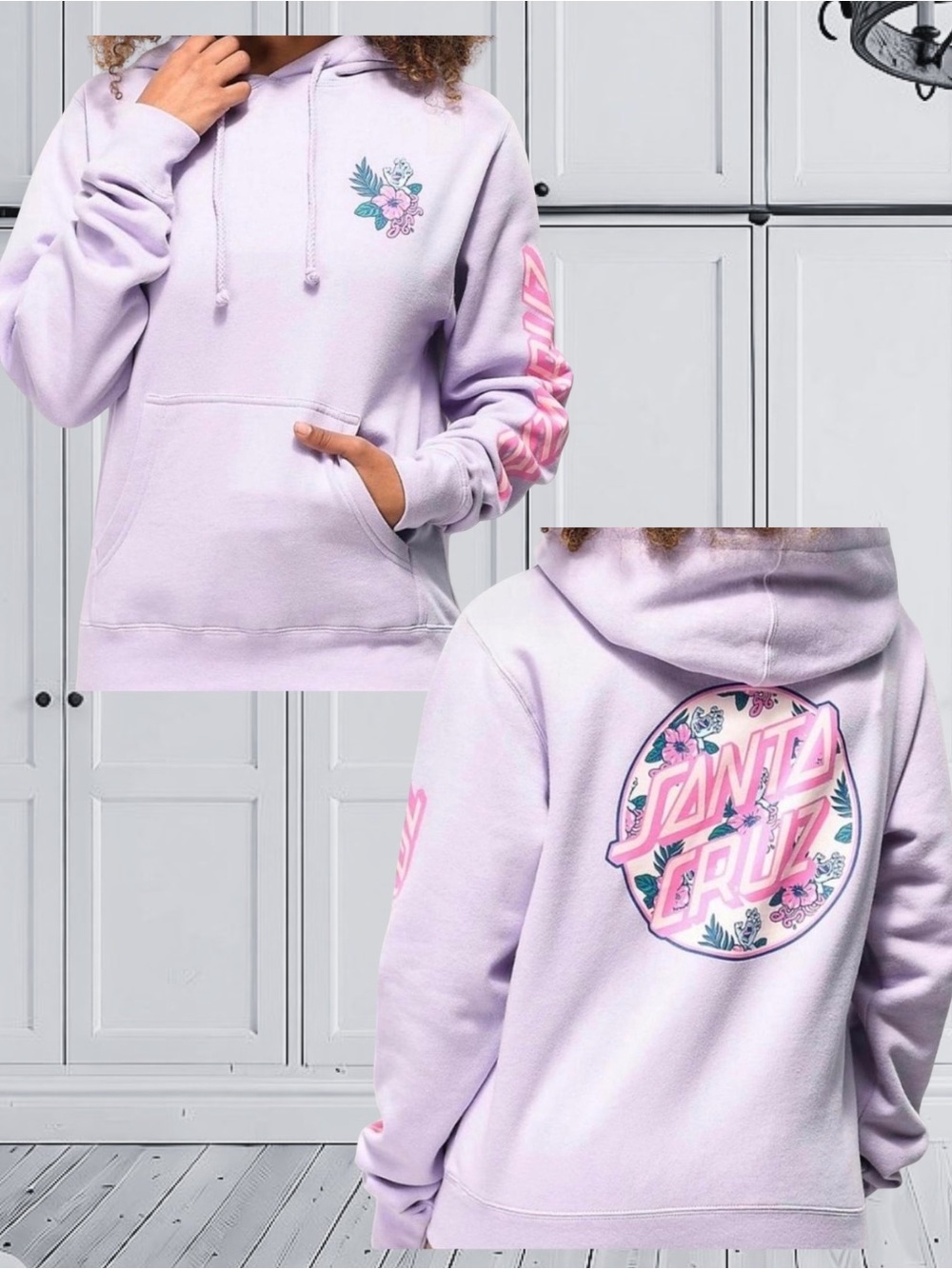 Santa Cruz Lavender Floral Screaming Hand Pullover Hoodie Size Large